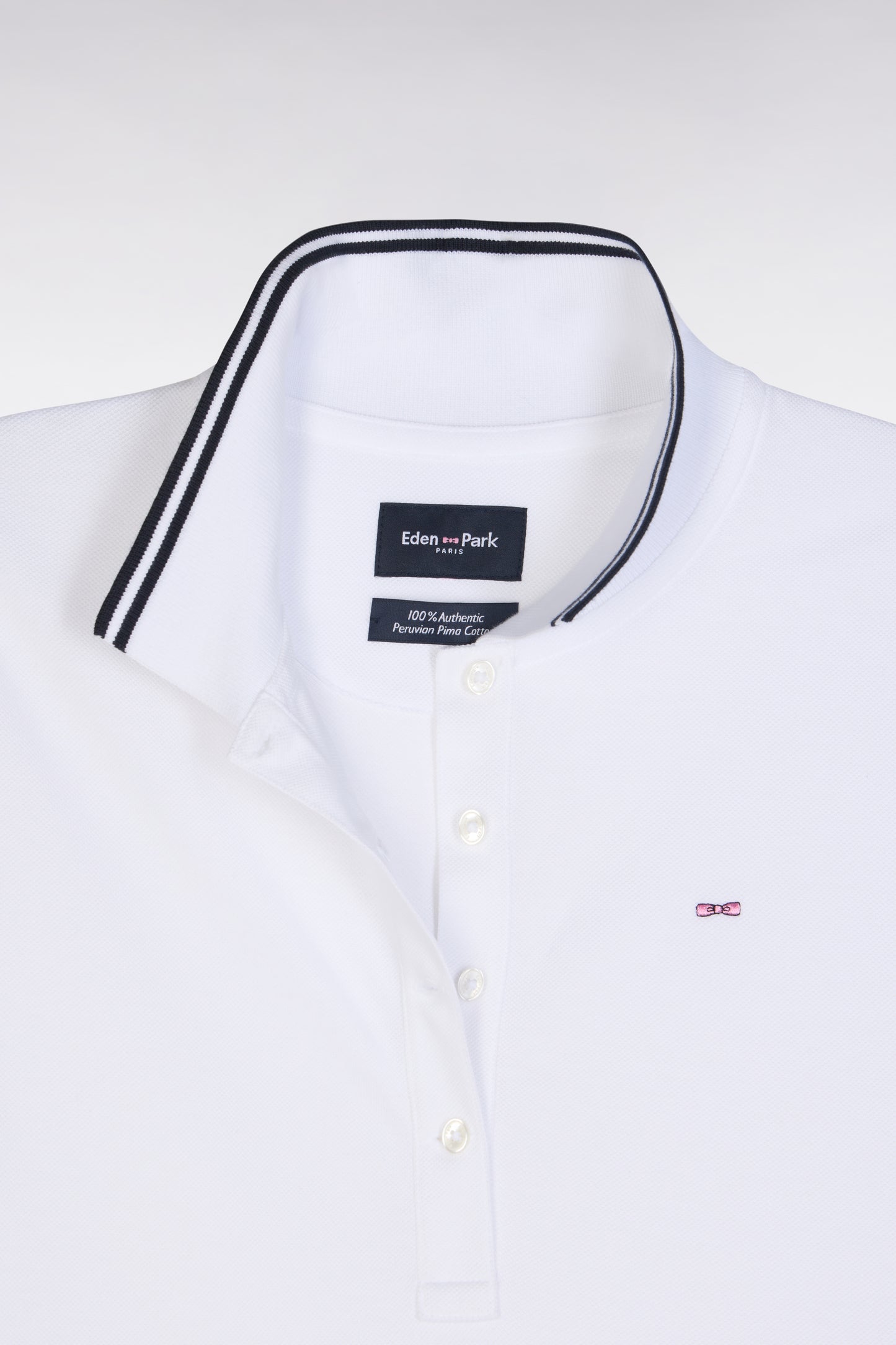 Short-sleeved polo shirt in white Pima cotton piqué with striped accents