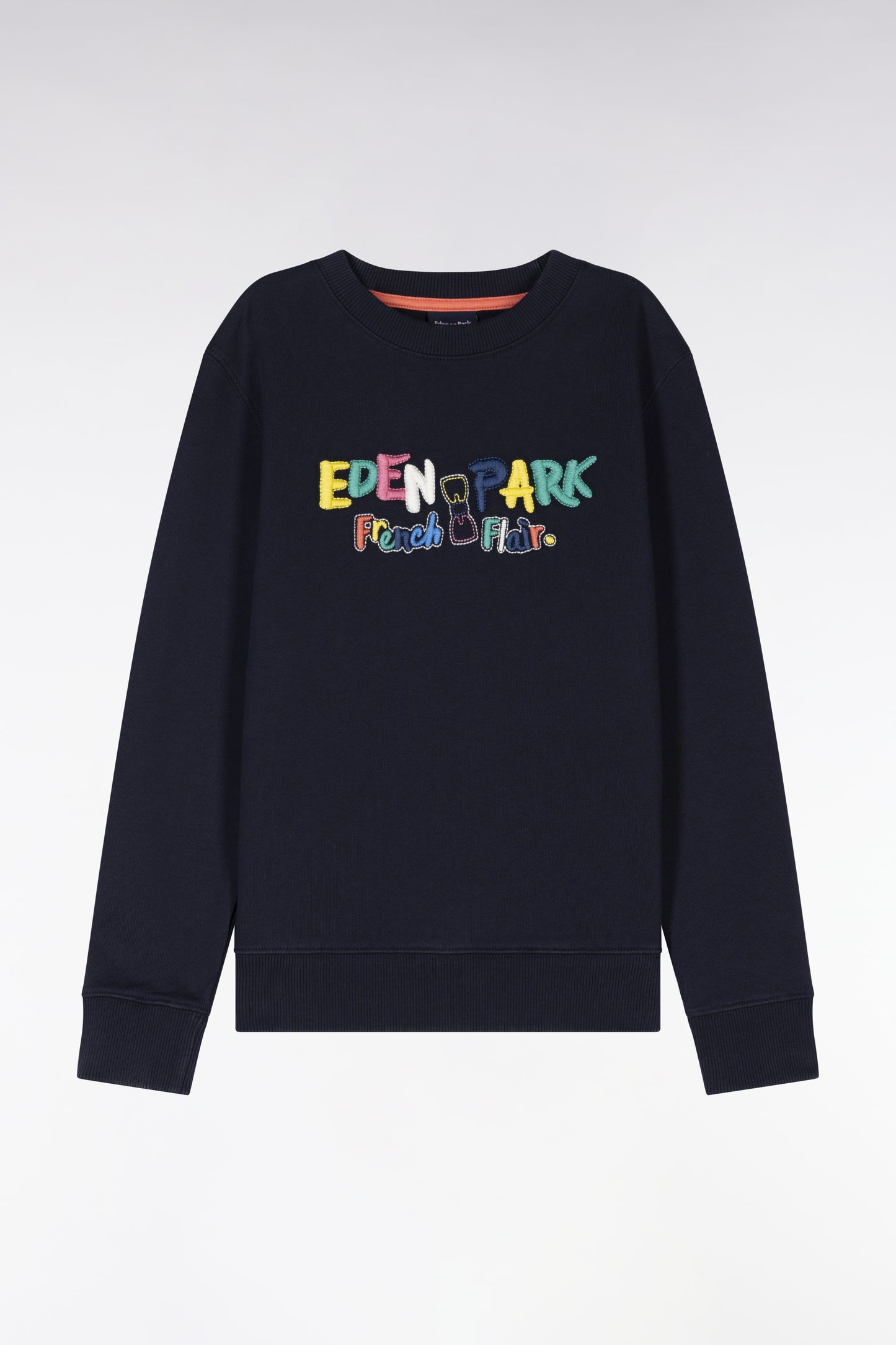 Straight-fit navy cotton sweatshirt with multicolored embroidery
