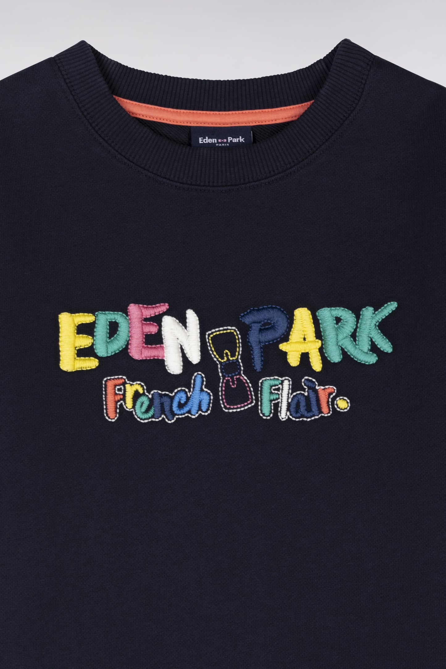 Straight-fit navy cotton sweatshirt with multicolored embroidery