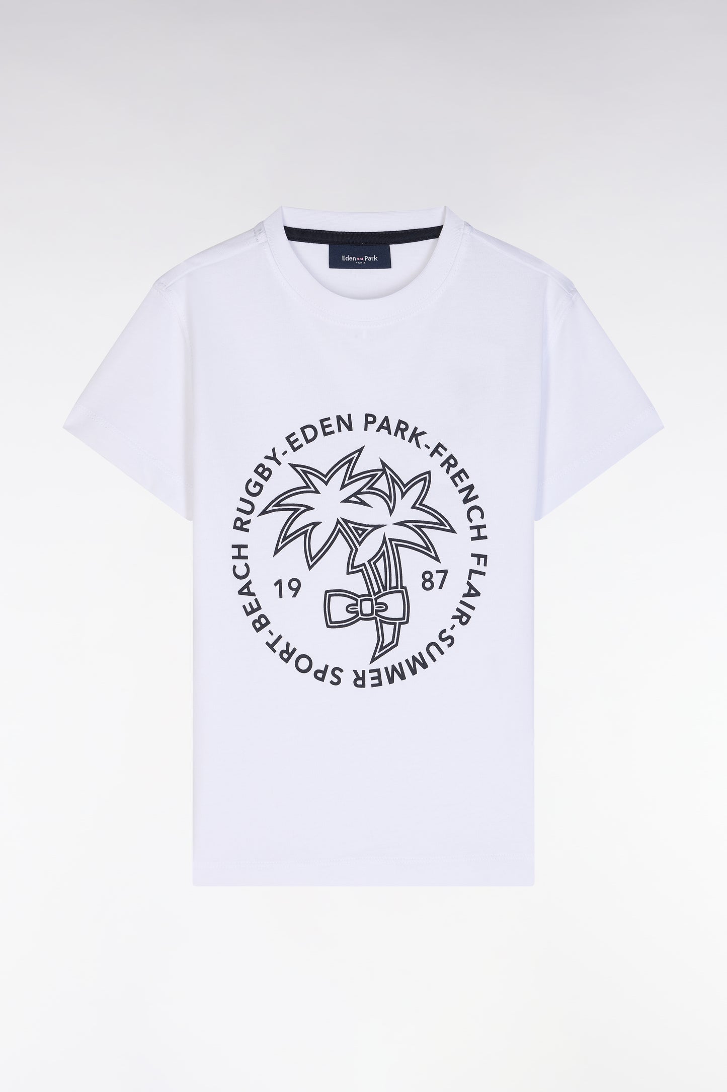 White cotton T-shirt with navy palm tree screen print, straight cut