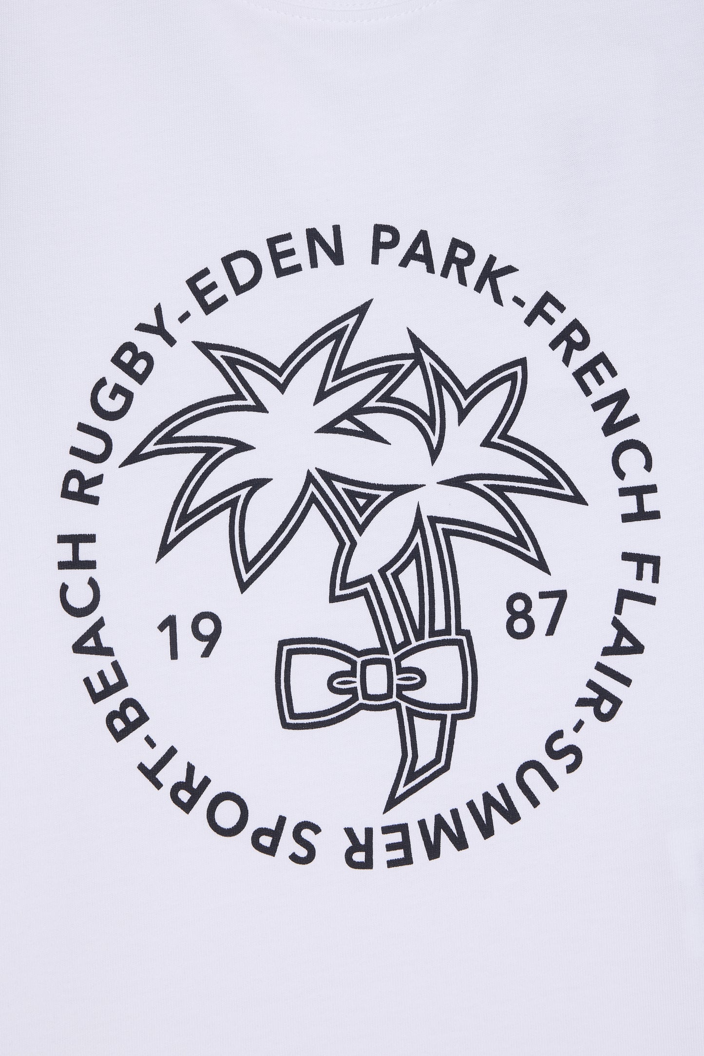 White cotton T-shirt with navy palm tree screen print, straight cut