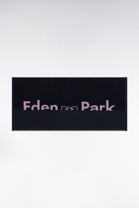 Navy cotton terry beach towel with pink Eden Park jacquard - Image 1