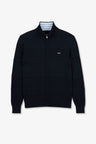 Navy blue zip cardigan in combination knit