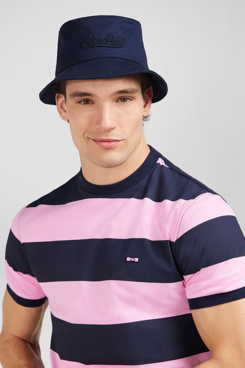 Short-sleeved navy and pink cotton T-shirt with ribbon trim - Image 3