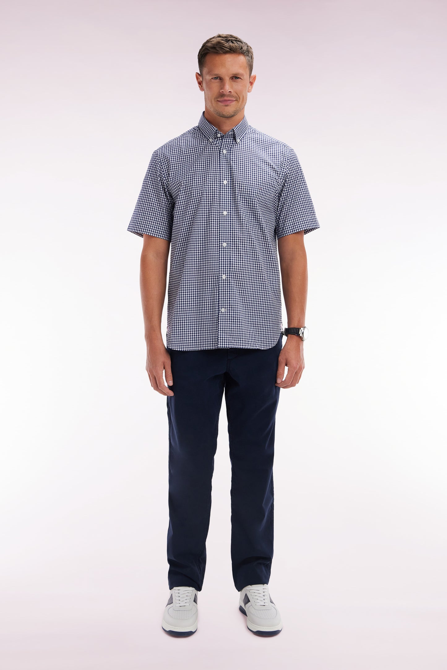 Navy straight-cut stretch cotton pleat-free chinos