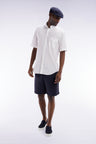 Elasticated waistband navy Bermuda shorts in lyocell and stretch cotton