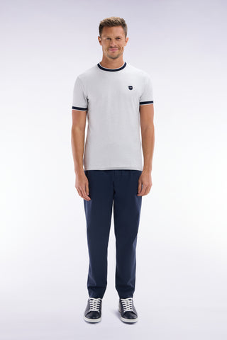 Elastic trousers in navy lyocell and stretch cotton