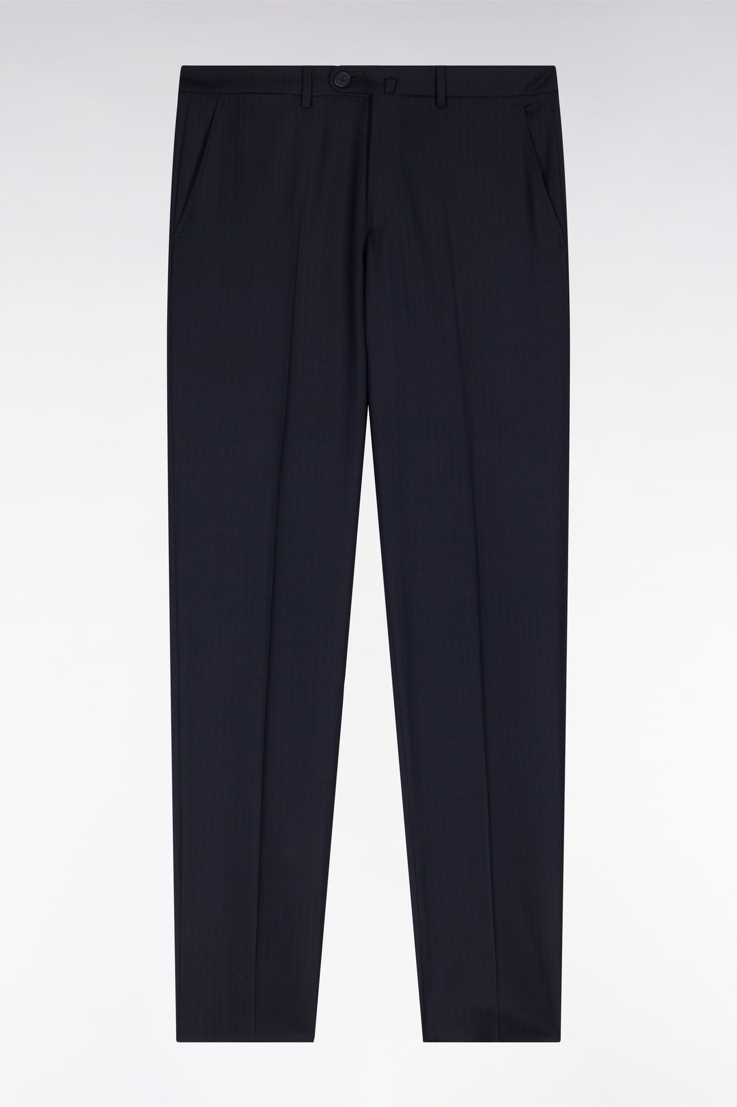 Navy stretch wool blend trousers with fine stripes