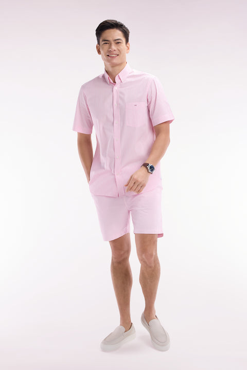 Straight short-sleeved shirt in striped pink cotton - Image 3