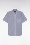 Straight short-sleeved shirt in dark blue striped poplin cotton