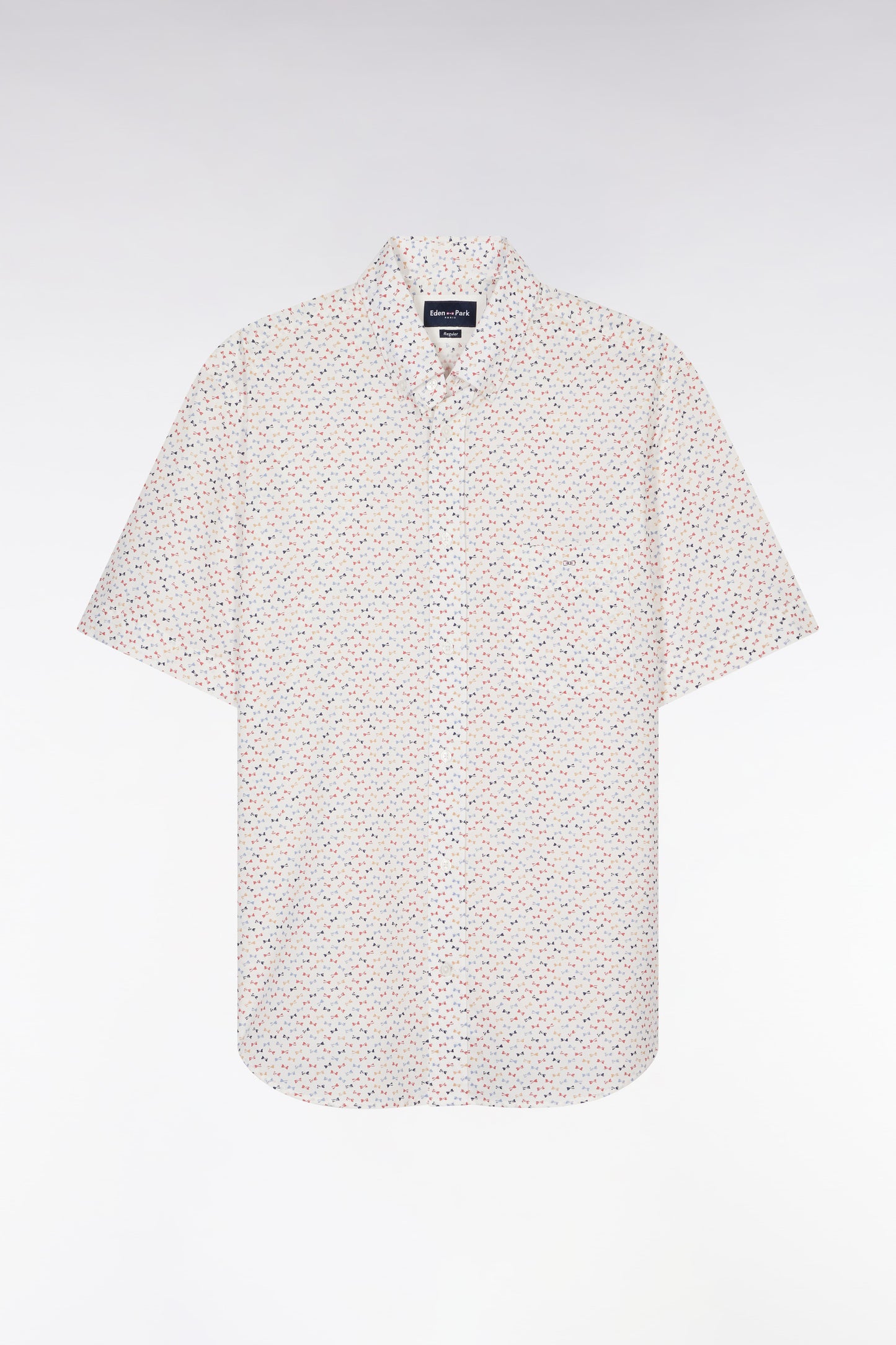 Straight short-sleeved ecru shirt in cotton poplin with multicolored bow tie print