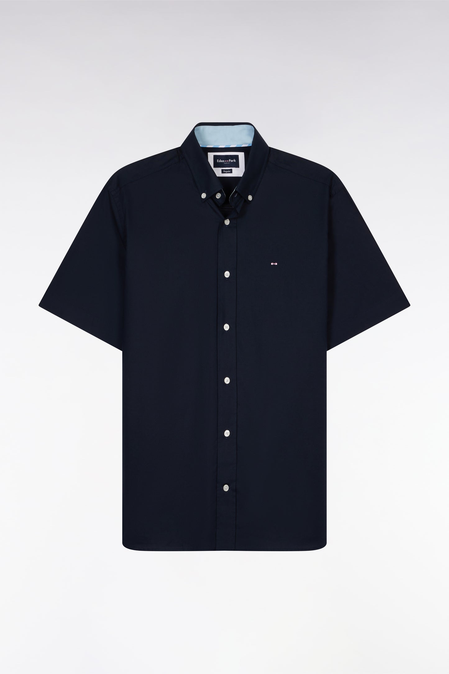 Straight short-sleeved navy shirt in cotton poplin with sky blue rimmed back embroidery