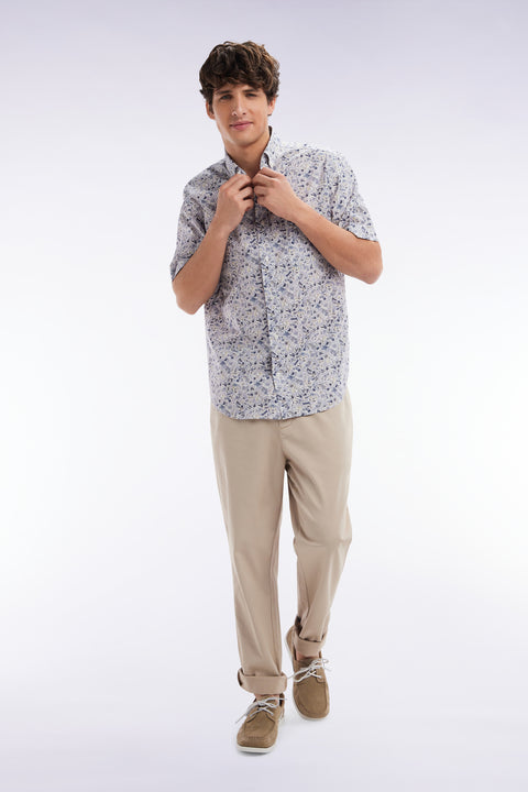 Straight short-sleeved grey shirt in Pima cotton poplin floral micropattern - Image 3
