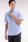 Straight short-sleeved sky blue shirt in textured cotton