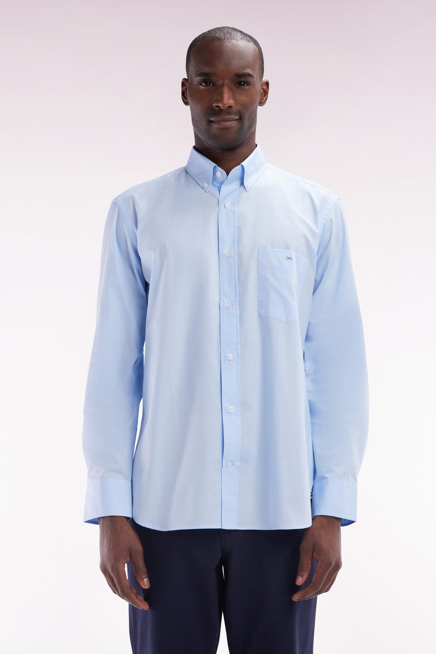 Straight-fit sky blue cotton shirt with elbow patch