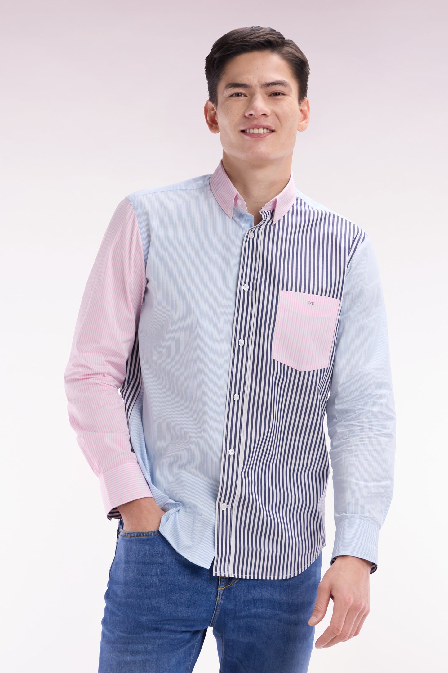 Straight-fit tricolor striped cotton shirt