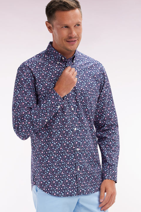 Straight-fit navy cotton shirt with micro-patterned design - Image 3
