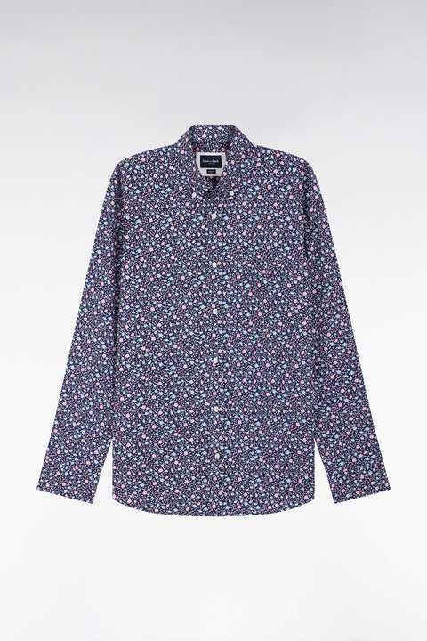 Straight-fit navy cotton shirt with micro-patterned design - Image 2