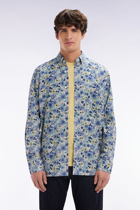 Straight-fit grey cotton poplin shirt with floral print - Image 1