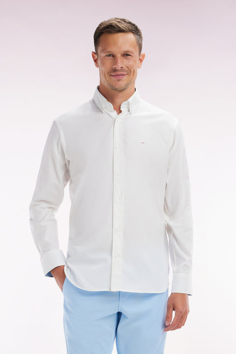Straight-fit white pinpoint cotton shirt with 10 embroidery - Image 1