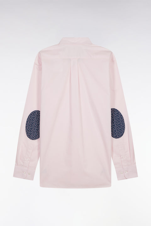 Straight-fit pink cotton shirt with navy elbow patches - Image 2