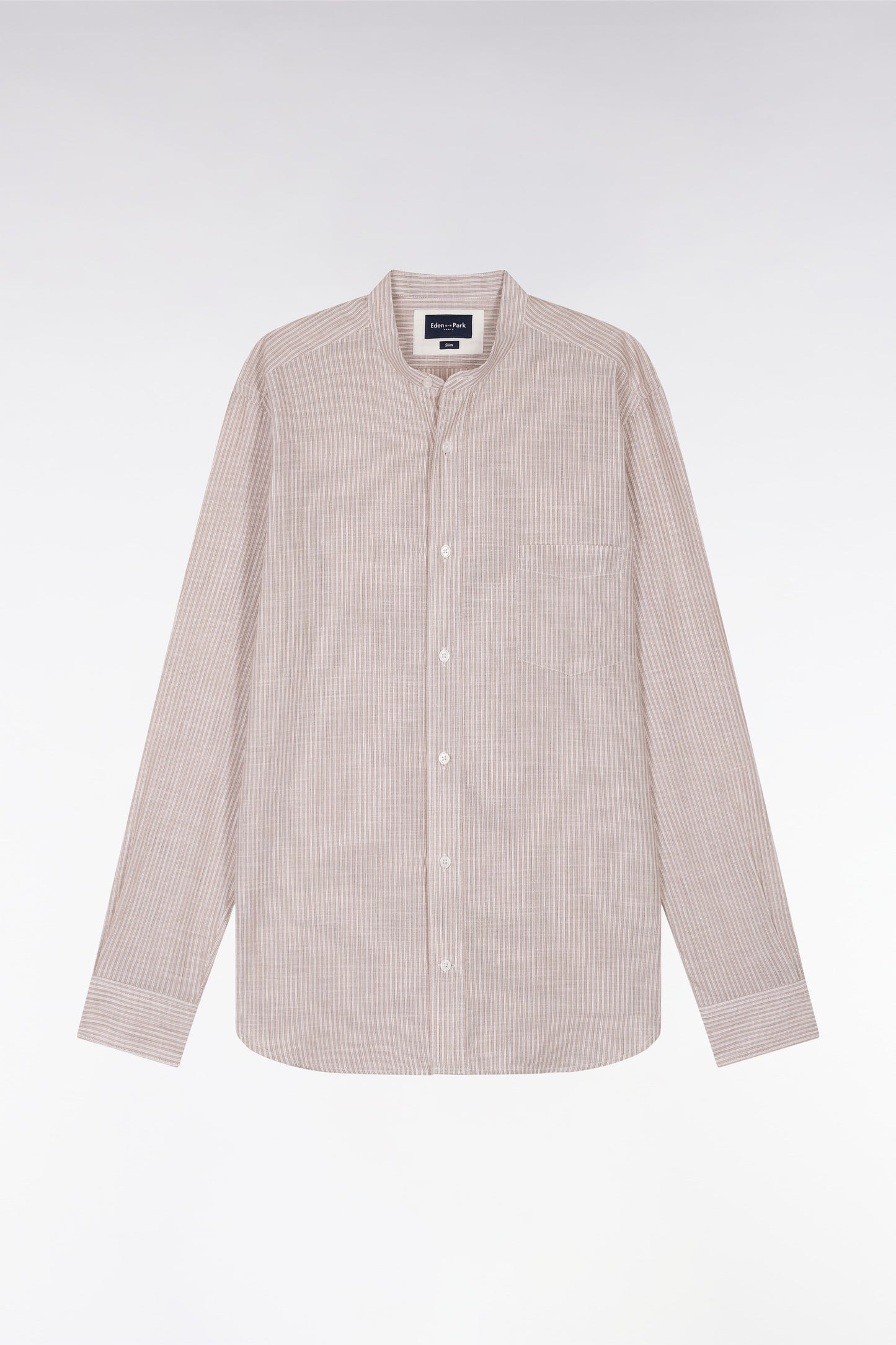 Slim-fit beige striped cotton and linen shirt with Mandarin collar