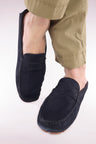 Navy suede slipper loafers