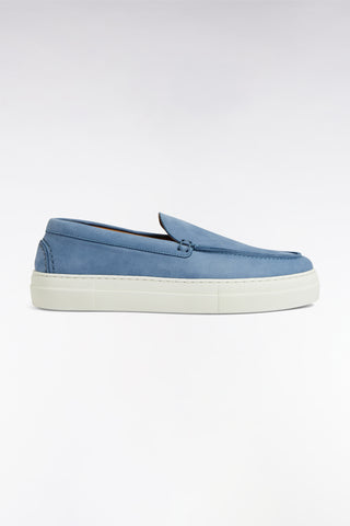 Blue-gray suede loafers with sneaker soles