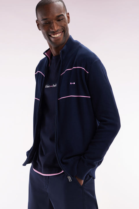 Straight zipped high collar navy cotton cardigan with pink piping effect - Image 2
