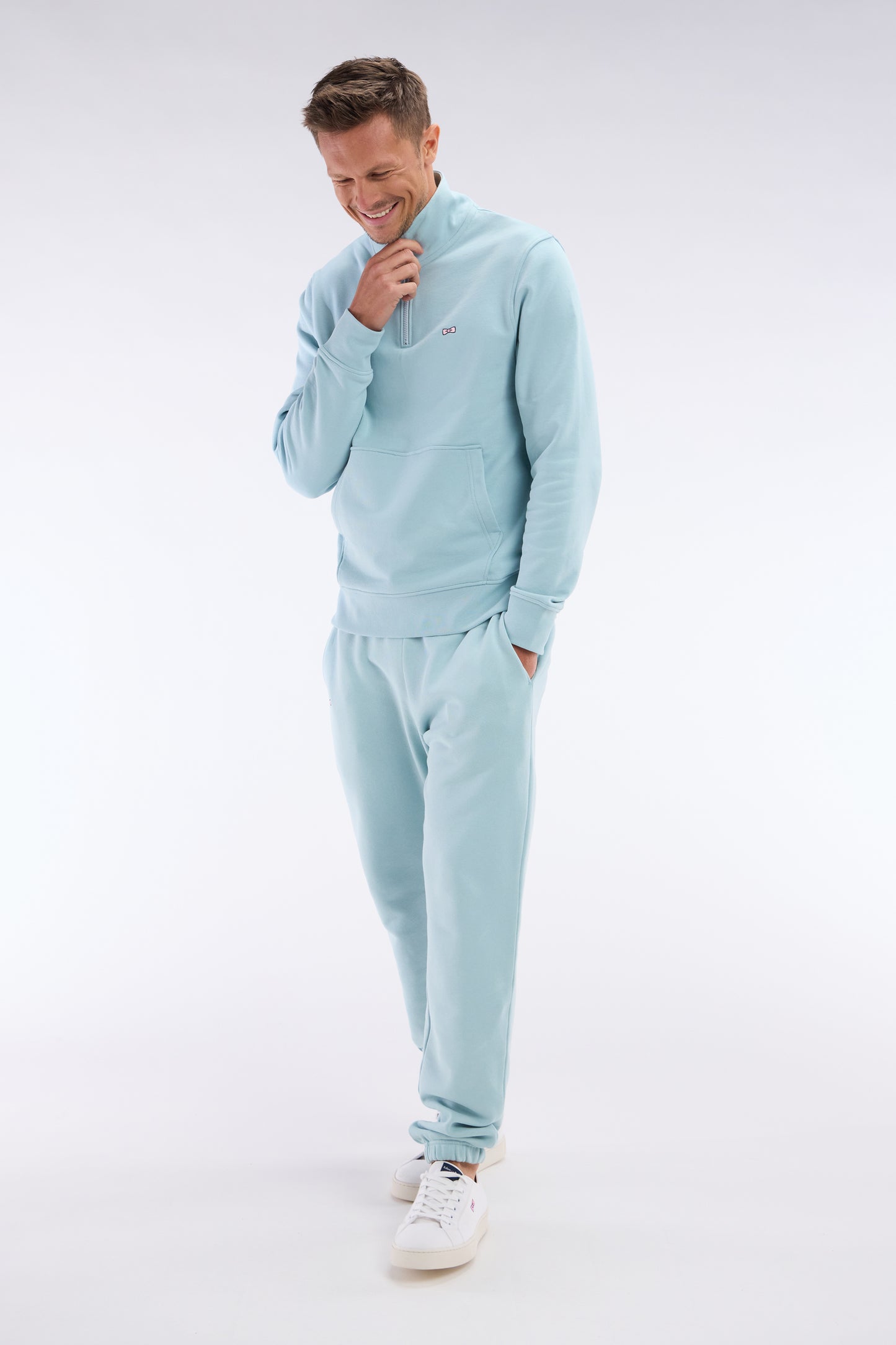 Sea green straight-cut cotton fleece jogging