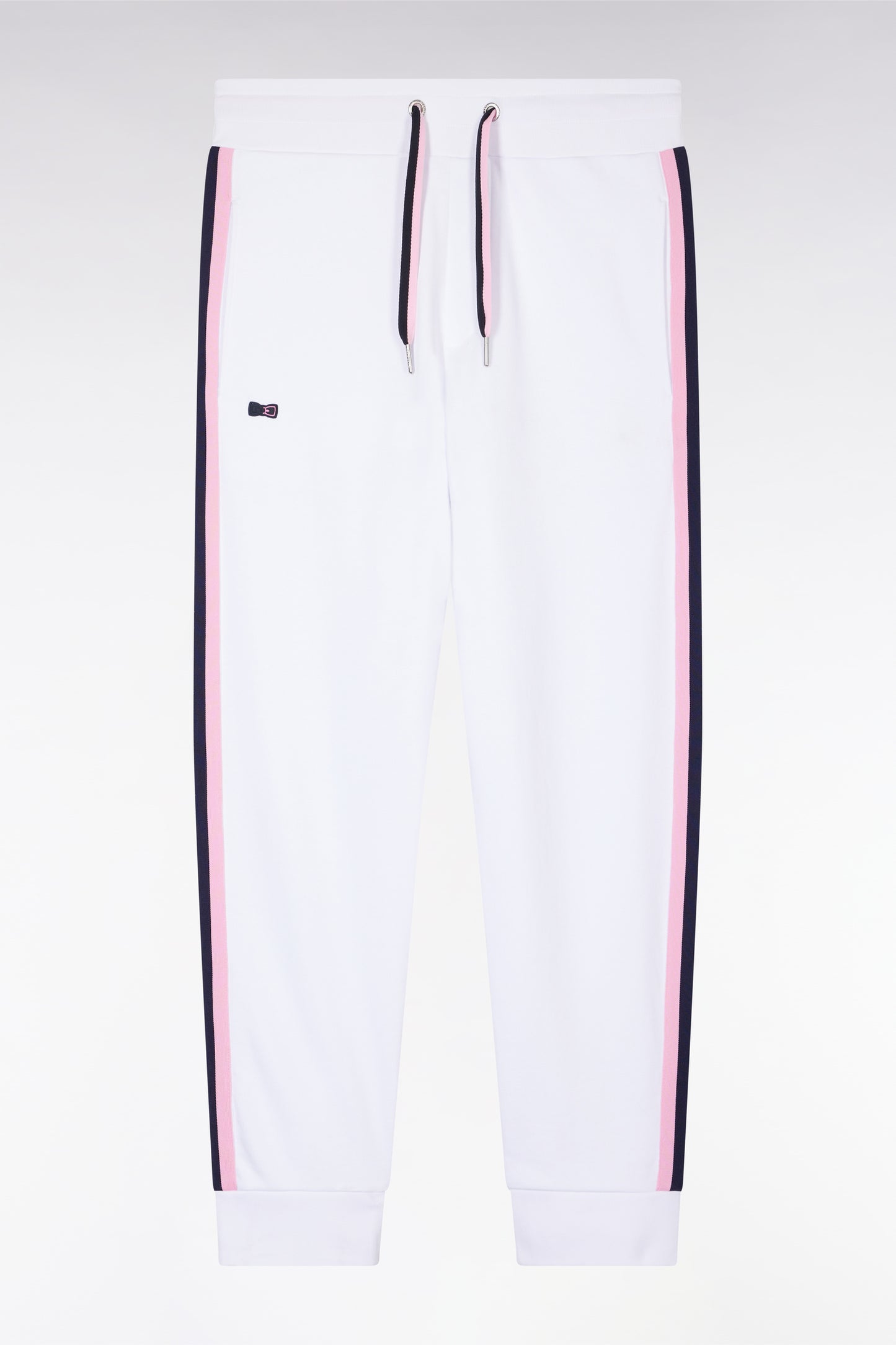 Relaxed-fit white cotton jogging pants with tricolor accents