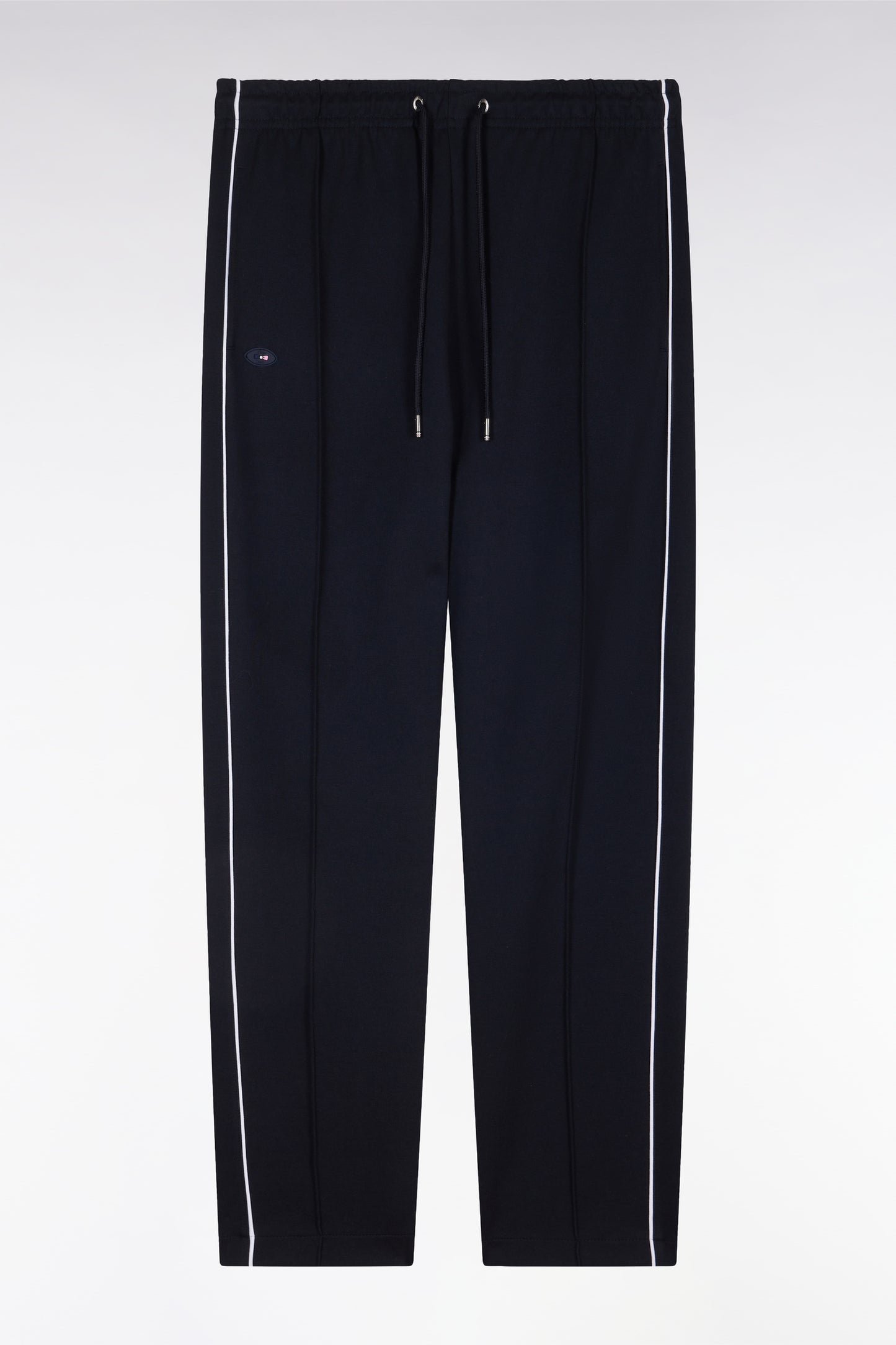 Straight-cut navy stretch cotton fleece jogging pants with sky blue piping