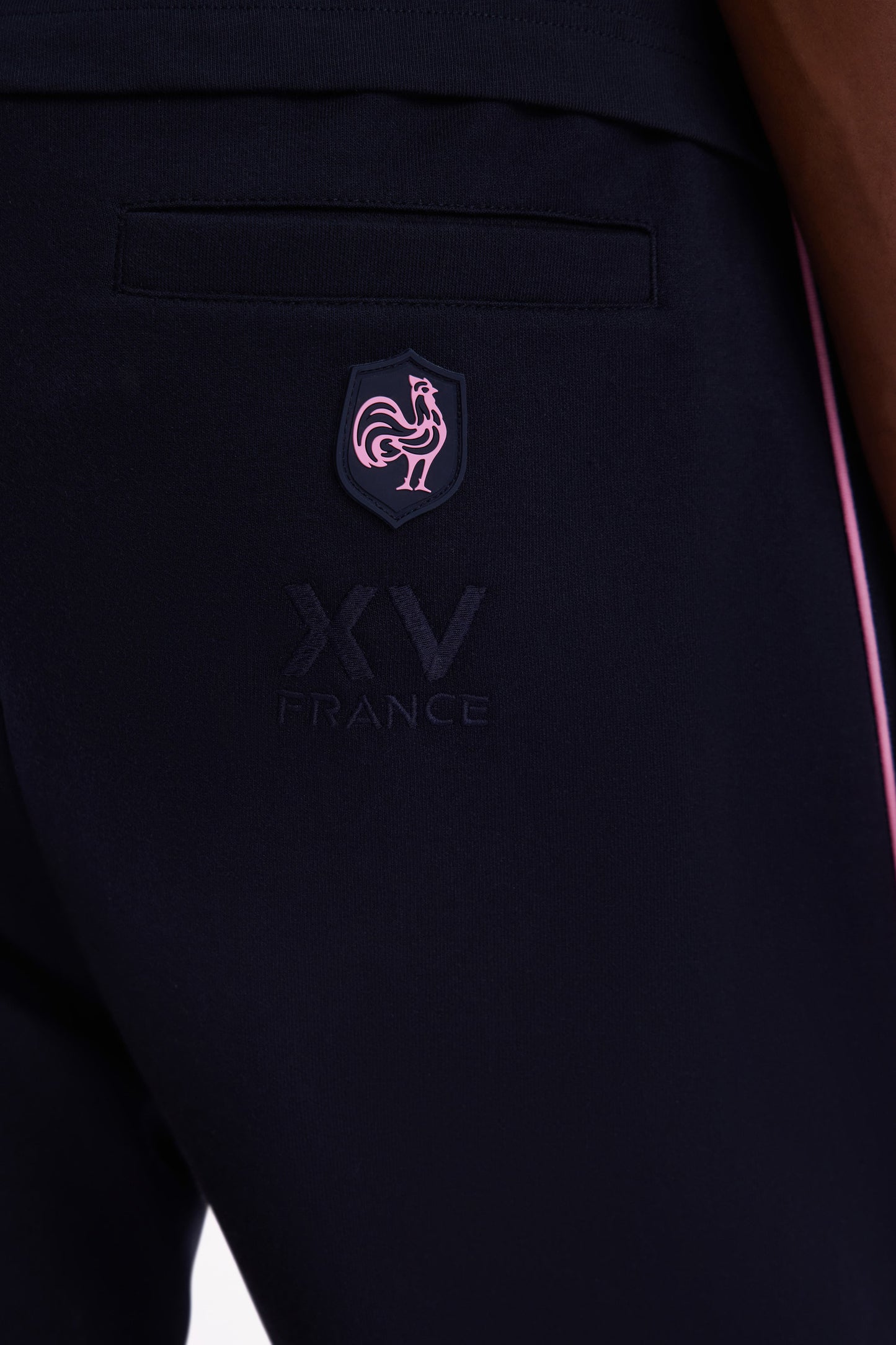 Straight-cut navy stretch cotton fleece jogging pants with sky blue piping