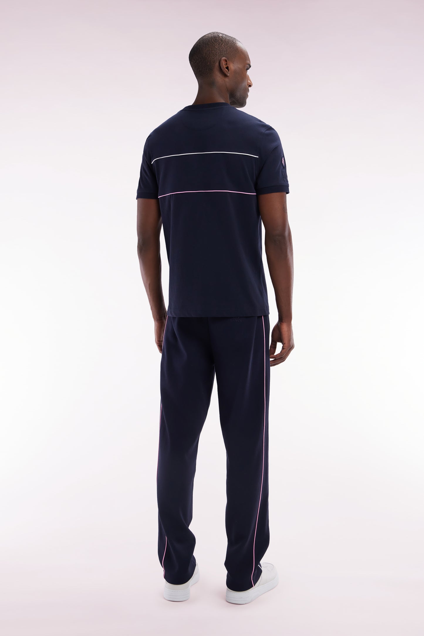 Straight-cut navy stretch cotton fleece jogging pants with sky blue piping