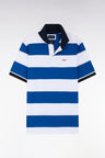 Straight short-sleeved rugby shirt in blue and white striped Pima cotton