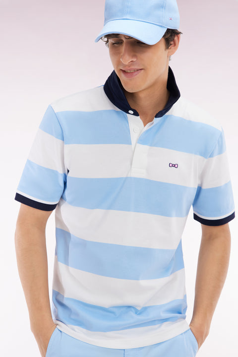 Straight short-sleeved rugby shirt in sky blue and white striped Pima cotton - Image 3