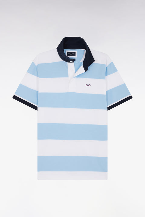 Straight short-sleeved rugby shirt in sky blue and white striped Pima cotton - Image 2
