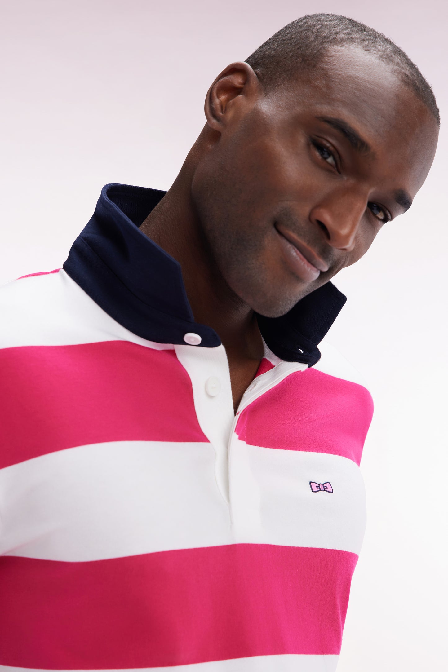 Short-sleeved jersey in fuchsia and white ringed Pima cotton, straight cut