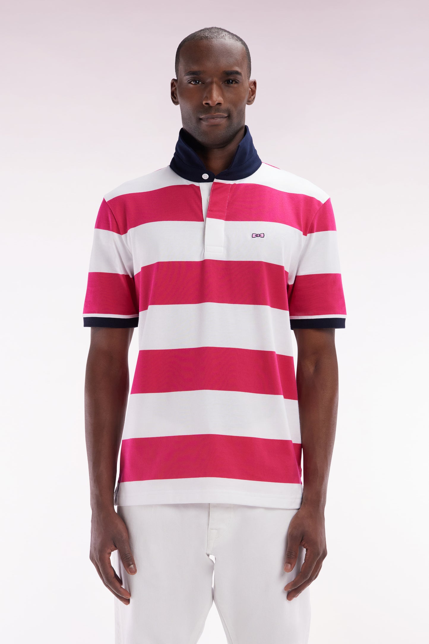 Short-sleeved jersey in fuchsia and white ringed Pima cotton, straight cut