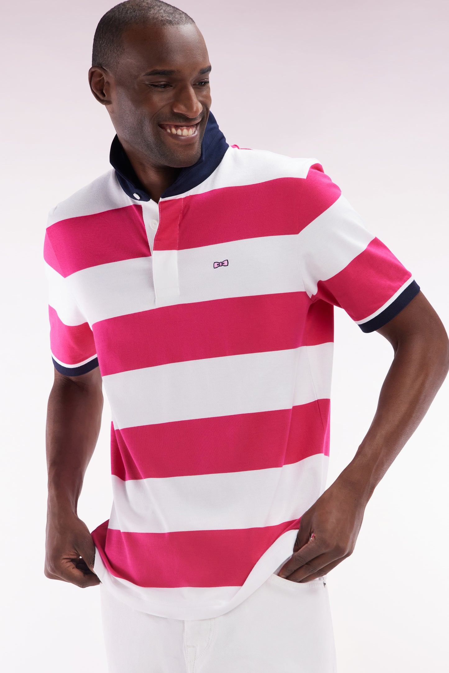Short-sleeved jersey in fuchsia and white ringed Pima cotton, straight cut