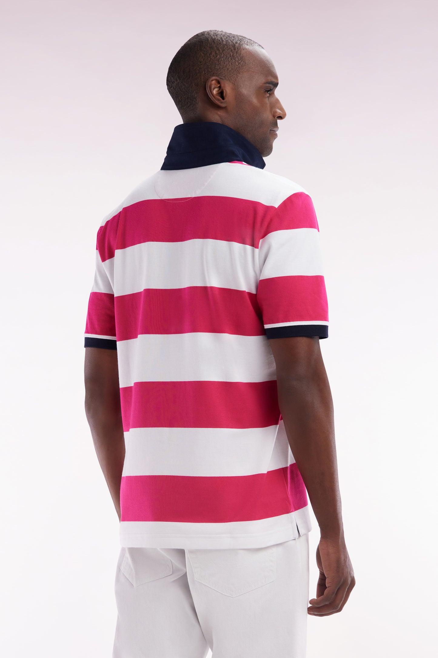 Short-sleeved jersey in fuchsia and white ringed Pima cotton, straight cut