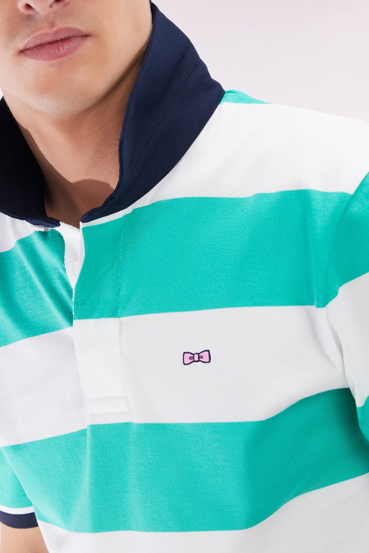 Short-sleeved jersey in green and white ringed Pima cotton, straight cut