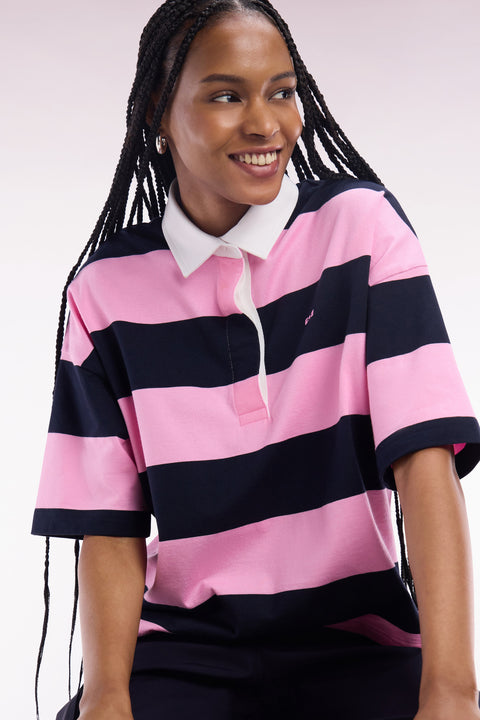 Navy blue and pink striped short-sleeved casual jersey - Image 1
