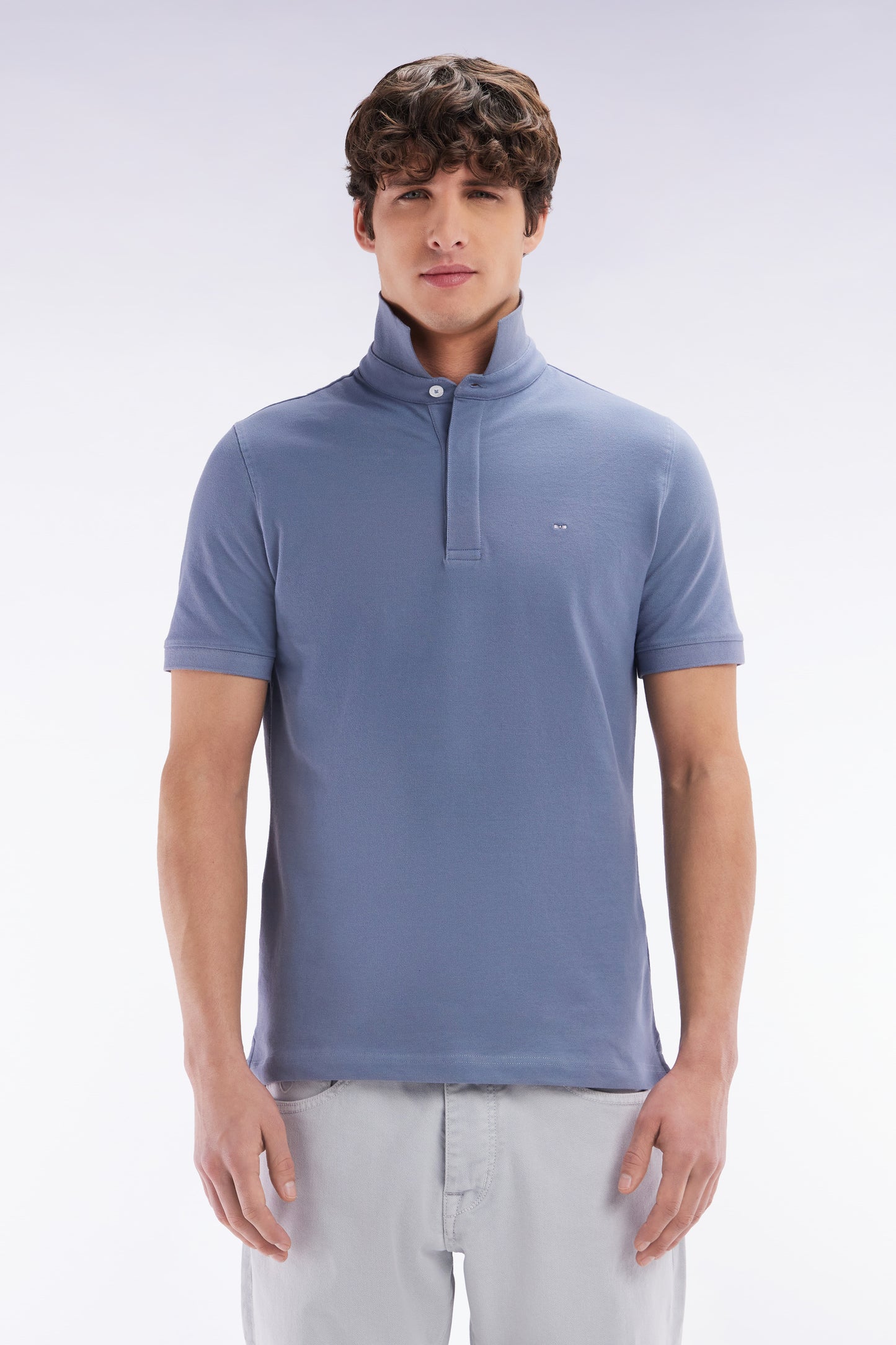 Slim-fit short-sleeved polo shirt in grey blue stretch cotton piqué