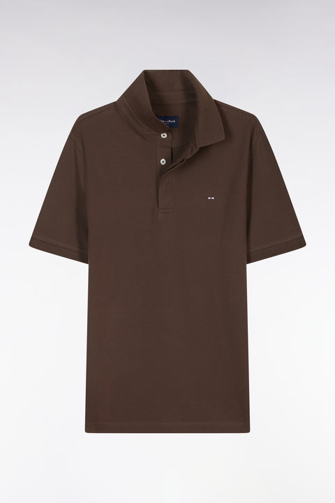 Slim-fit short-sleeved polo shirt in brown stretch cotton piqué - Image 2