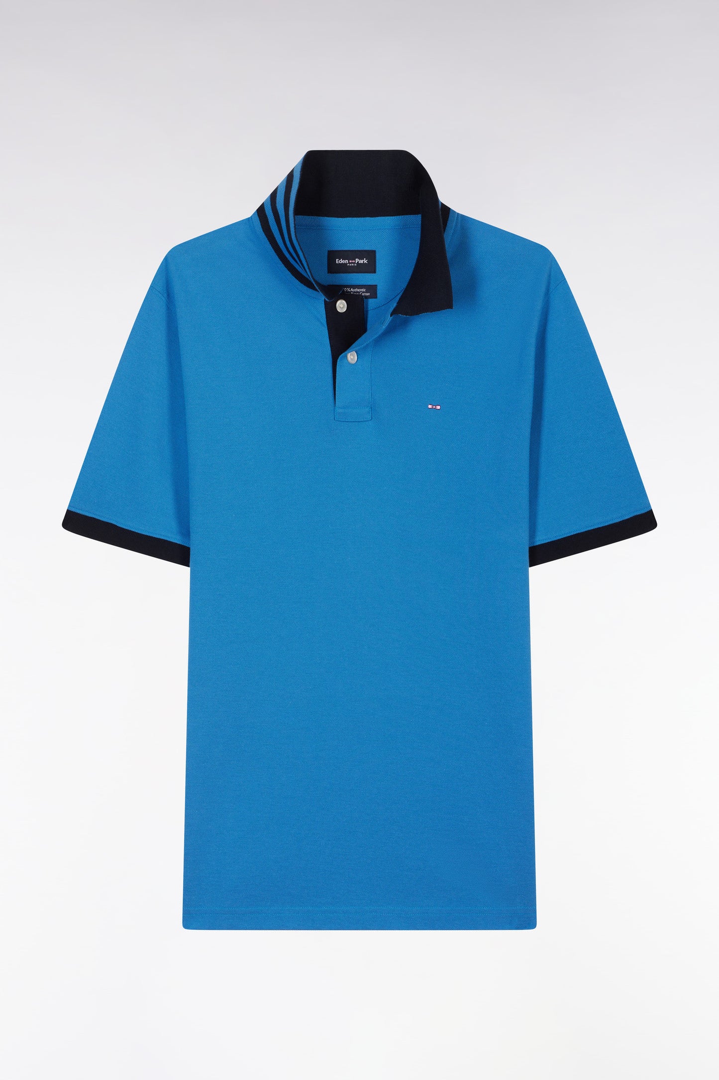 Straight-cut short-sleeved polo shirt in blue Pima cotton piqué with striped under collar