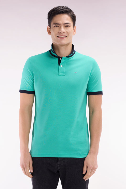 Straight-cut short-sleeved polo shirt in green Pima cotton piqué with striped under collar - Image 1