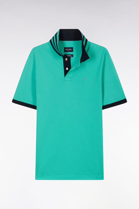 Straight-cut short-sleeved polo shirt in green Pima cotton piqué with striped under collar - Image 2