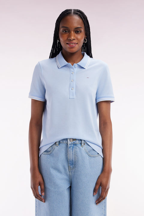 Short-sleeved polo shirt in sky blue Pima cotton piqué with striped accents - Image 3