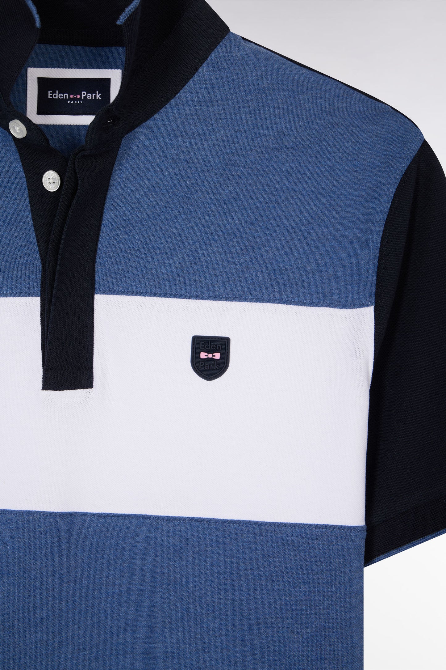 Slim-fit short-sleeved polo shirt in blue stretch cotton with contrasted stripe